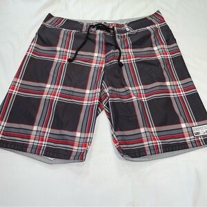 Aeropostale Men's Black, Red & Gray Plaid Swim Board Shorts